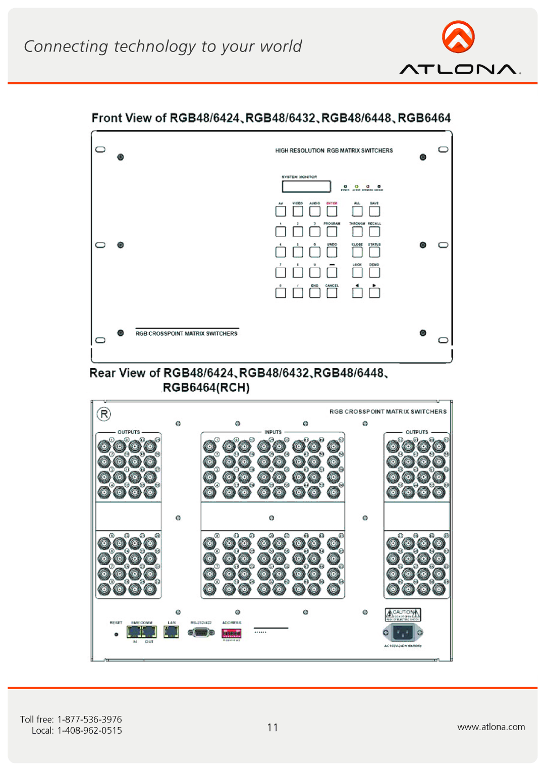 Atlona AT-RGB6464A, AT-RGB0802A user manual Toll free Local 