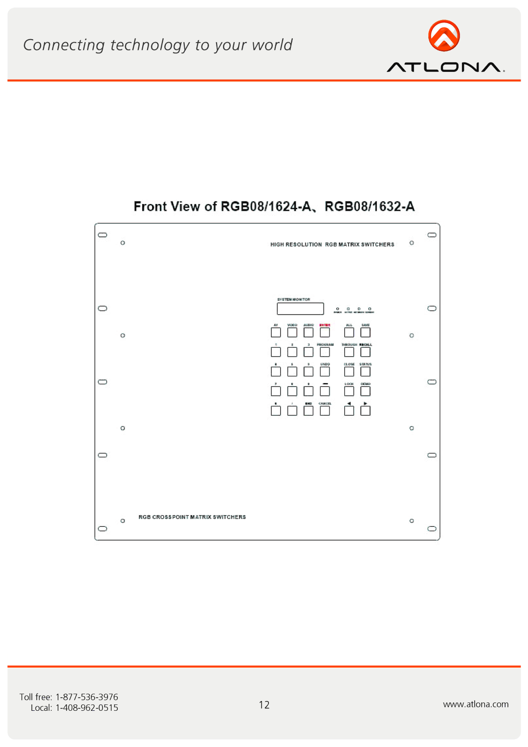 Atlona AT-RGB6464A, AT-RGB0802A user manual Toll free Local 