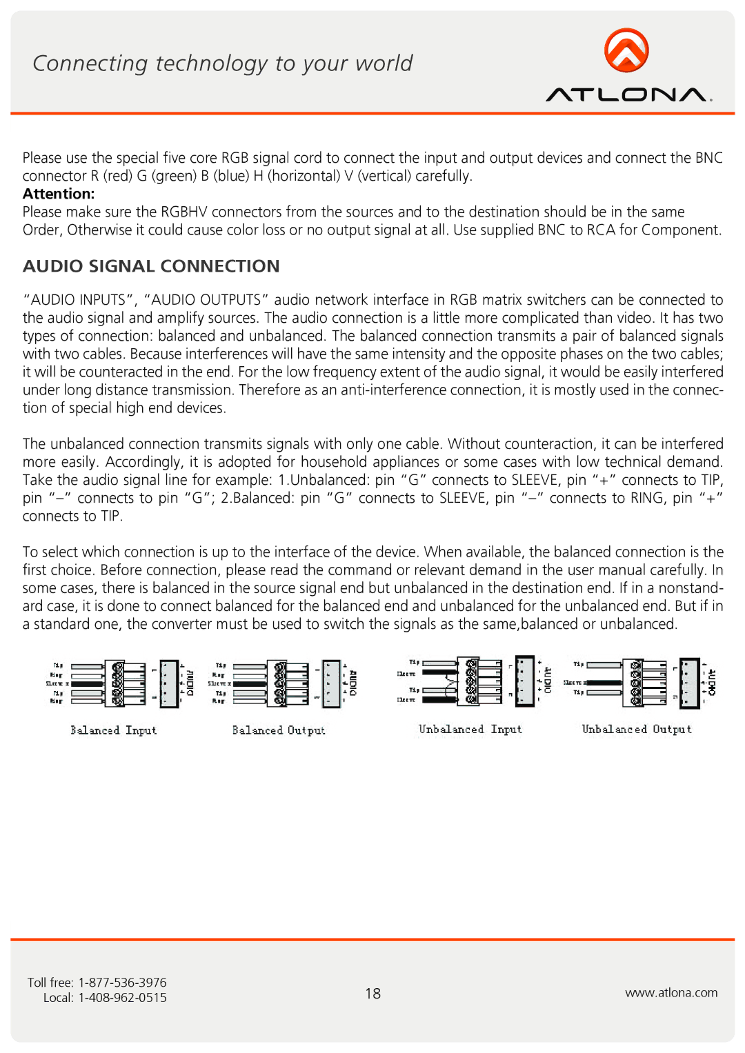 Atlona AT-RGB0802A, AT-RGB6464A user manual Audio Signal Connection 