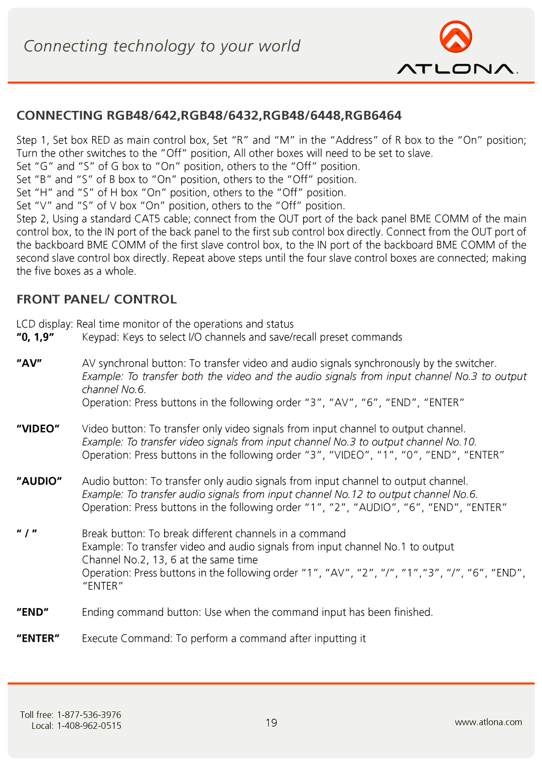 Atlona AT-RGB6464A, AT-RGB0802A user manual Connecting RGB48/642,RGB48/6432,RGB48/6448,RGB6464, Front PANEL/ Control 