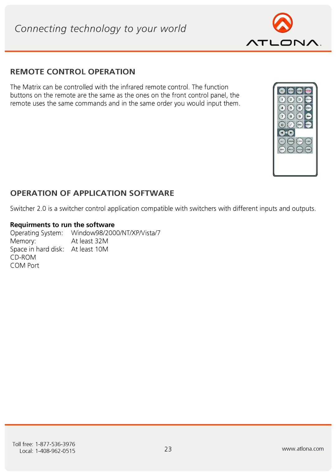 Atlona AT-RGB6464A, AT-RGB0802A user manual Remote Control Operation, Operation of Application Software 