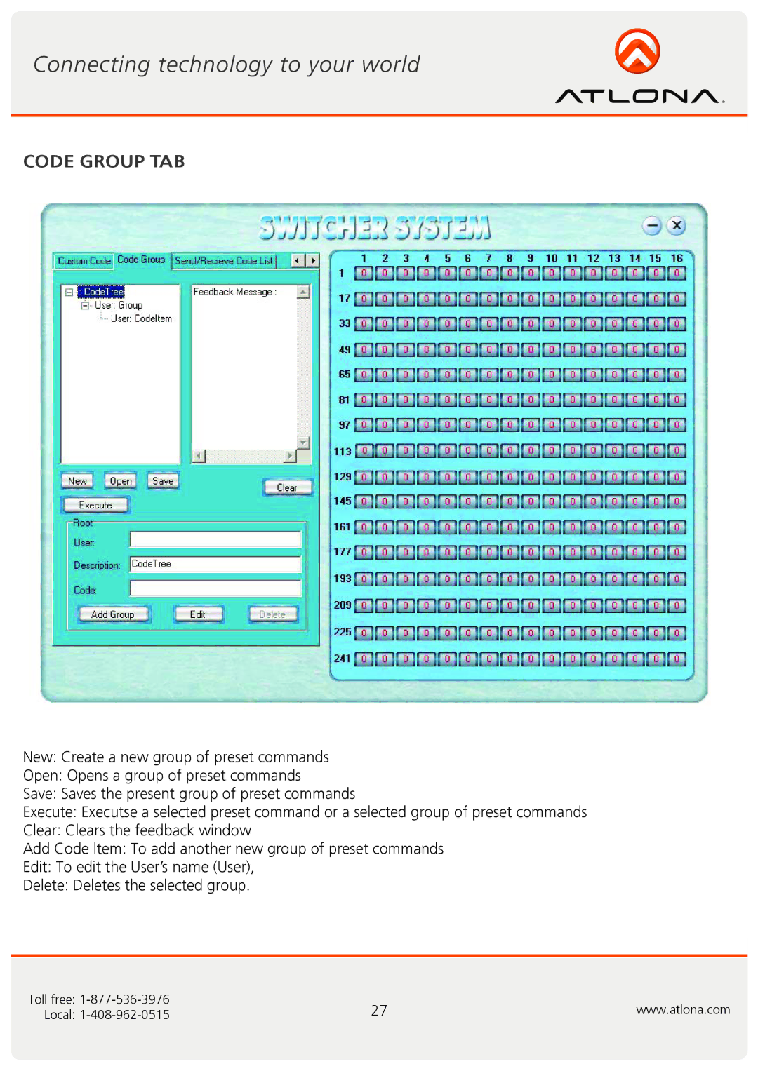 Atlona AT-RGB6464A, AT-RGB0802A user manual Code Group TAB 