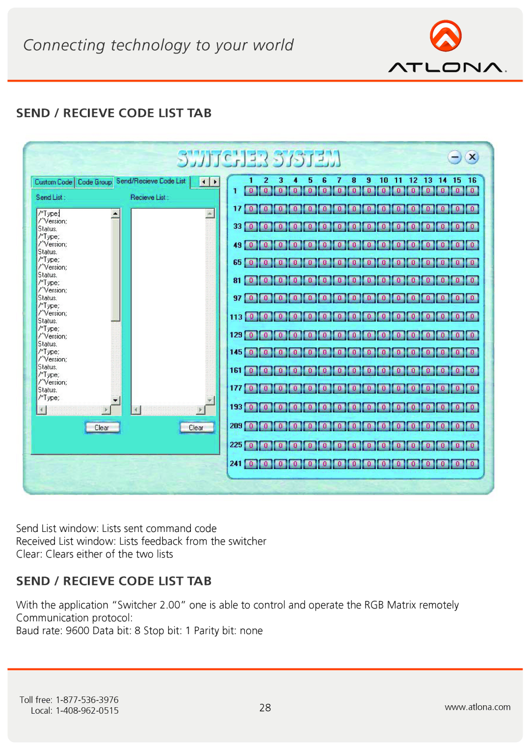 Atlona AT-RGB6464A, AT-RGB0802A user manual Send / Recieve Code List TAB 