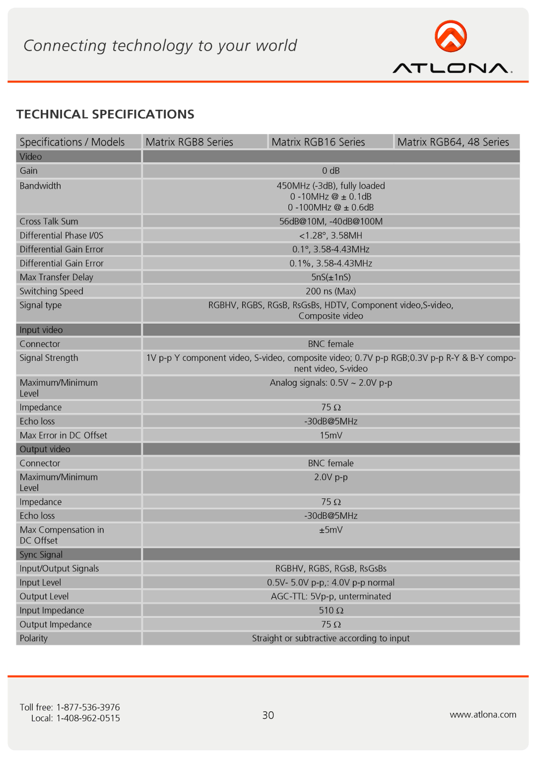 Atlona AT-RGB0802A, AT-RGB6464A user manual Technical Specifications 