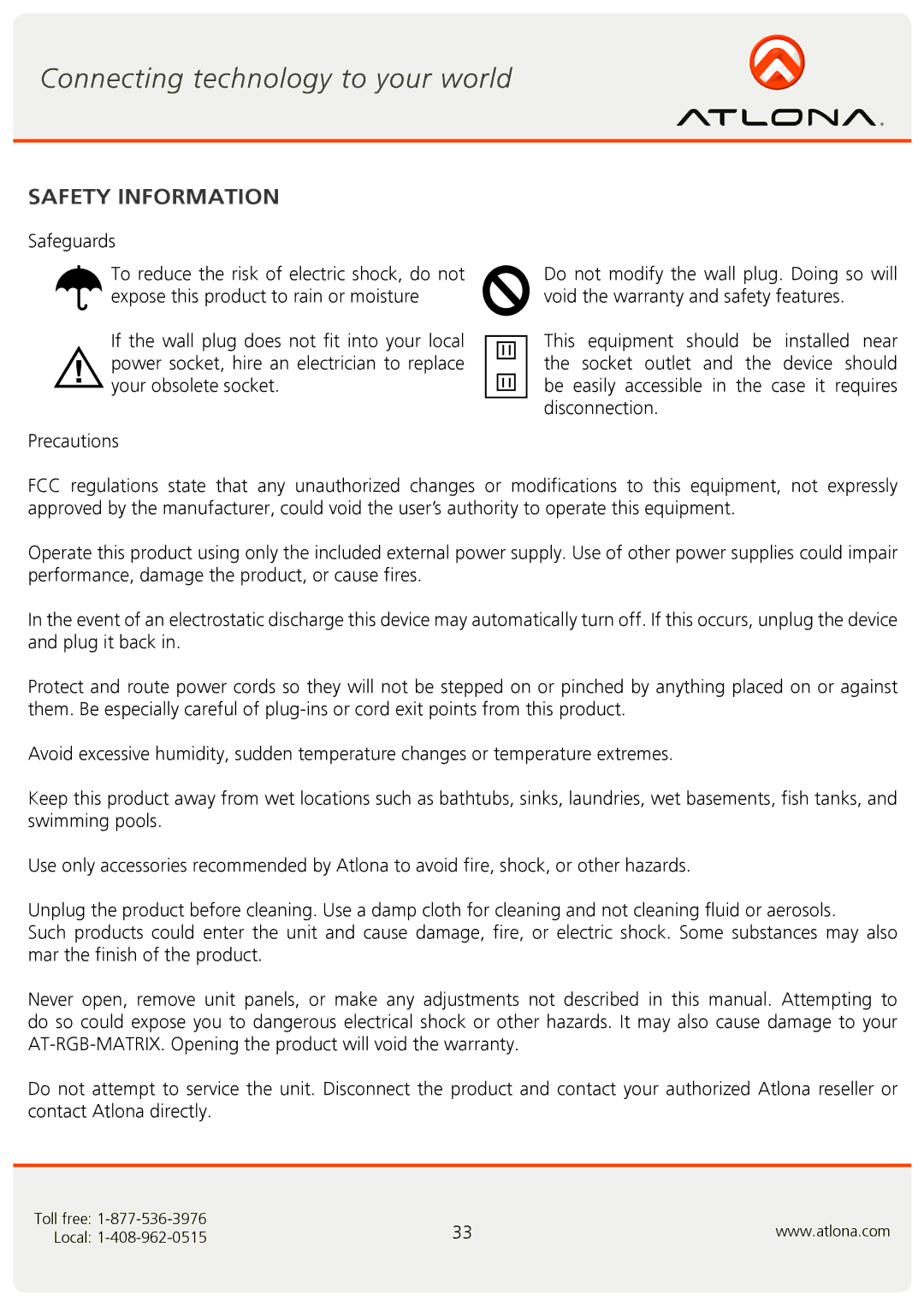 Atlona AT-RGB6464A, AT-RGB0802A user manual Safety Information 