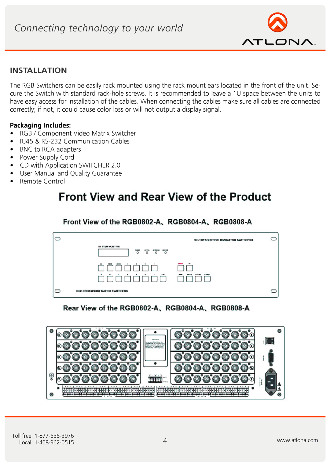 Atlona AT-RGB6464A, AT-RGB0802A user manual Installation, Packaging Includes 