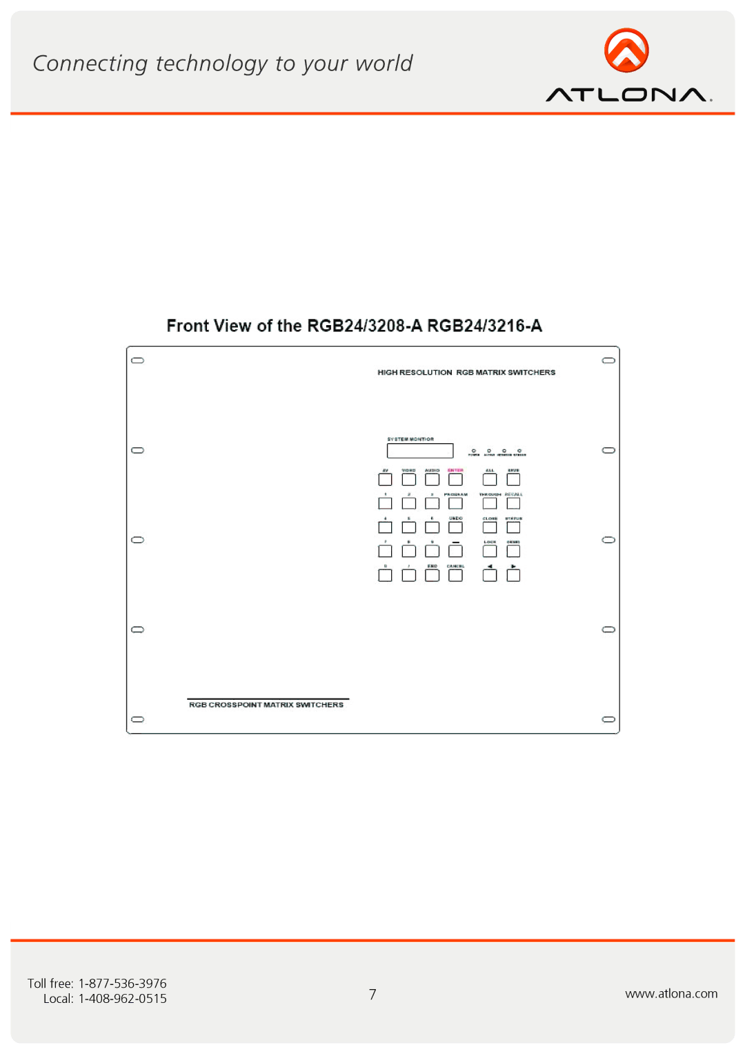 Atlona AT-RGB6464A, AT-RGB0802A user manual Toll free Local 