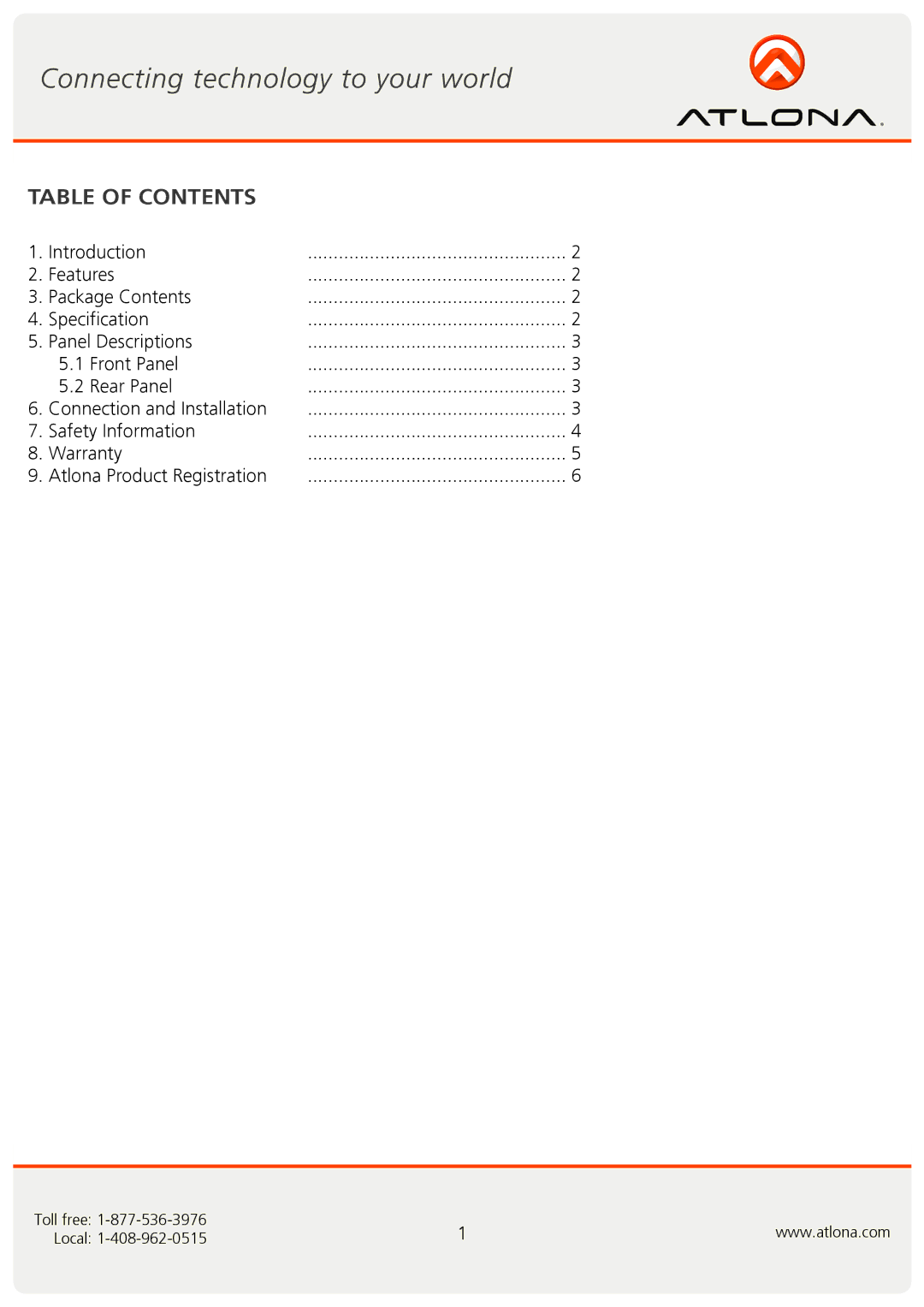 Atlona AT-SAV14 user manual Table of Contents 