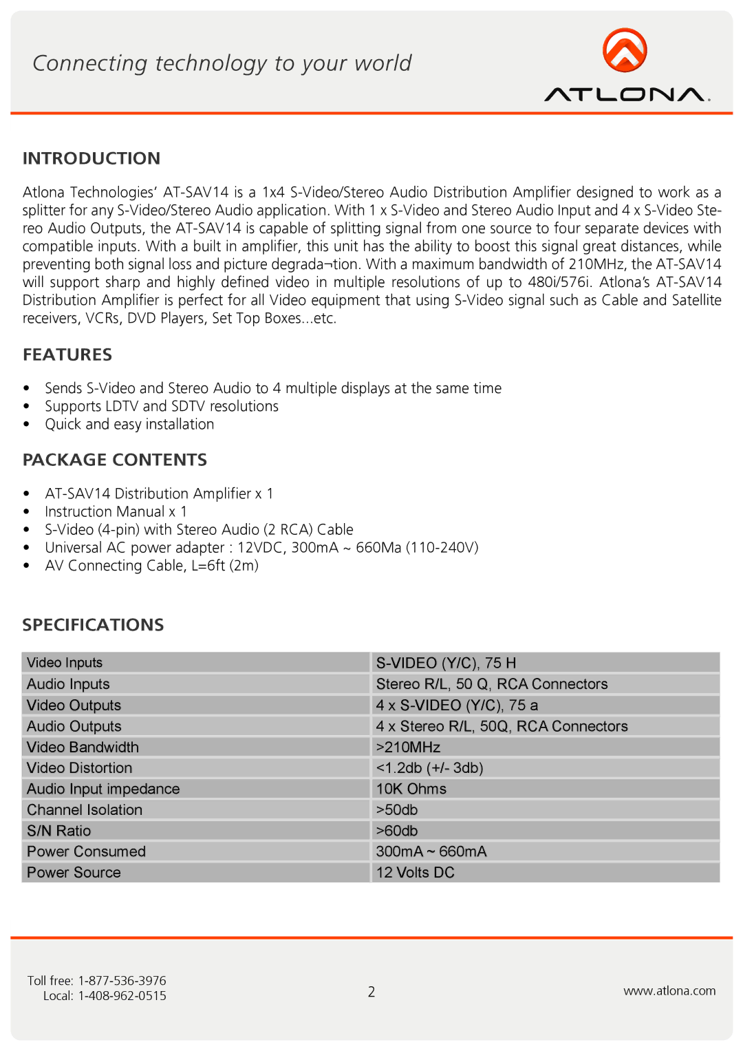 Atlona AT-SAV14 user manual Introduction, Features, Package Contents, Specifications 