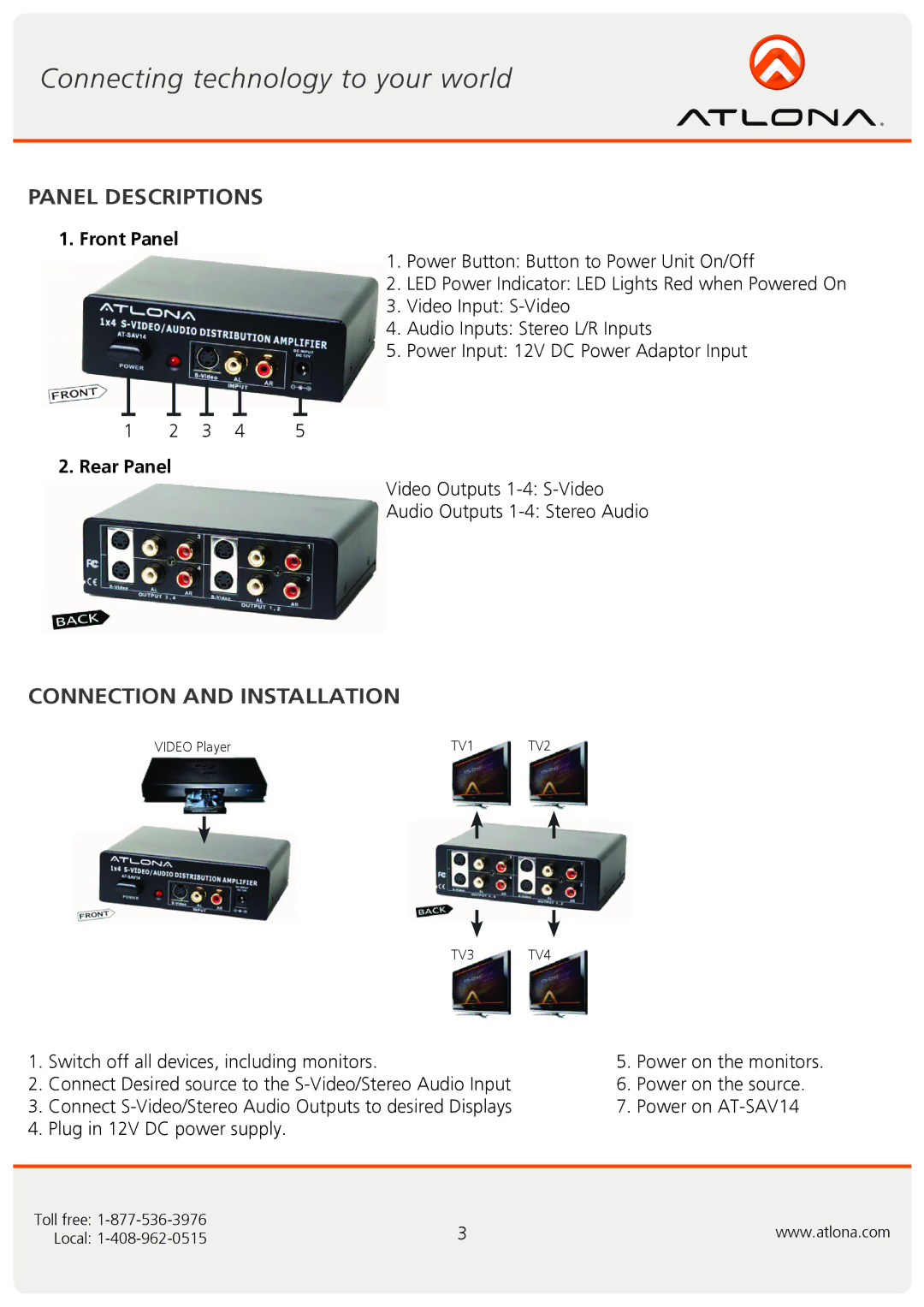 Atlona AT-SAV14 user manual Panel Descriptions, Connection and Installation, Front Panel, Rear Panel 