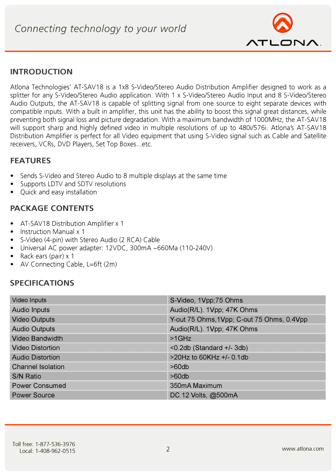 Atlona AT-SAV18 user manual Introduction, Features, Package Contents, Specifications 