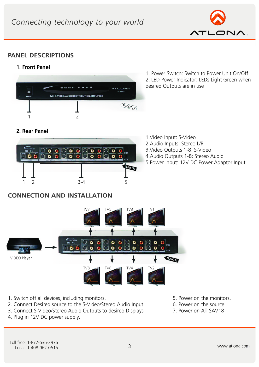 Atlona AT-SAV18 user manual Panel Descriptions, Connection and Installation, Front Panel, Rear Panel 