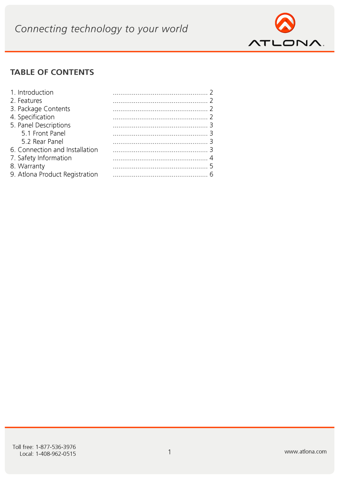 Atlona AT-SAV18 user manual Table Of Contents 