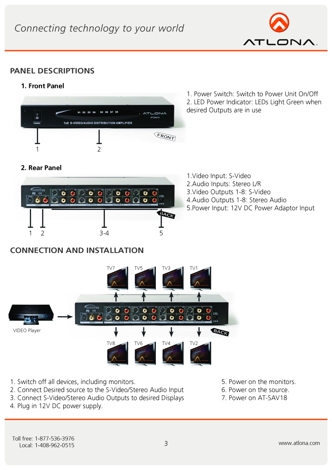 Atlona AT-SAV18 user manual Panel Descriptions, Connection And Installation, Front Panel, Rear Panel 