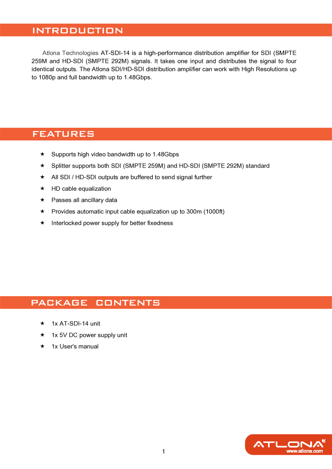 Atlona AT-SDI-14 user manual Introduction, Features, Package Contents 