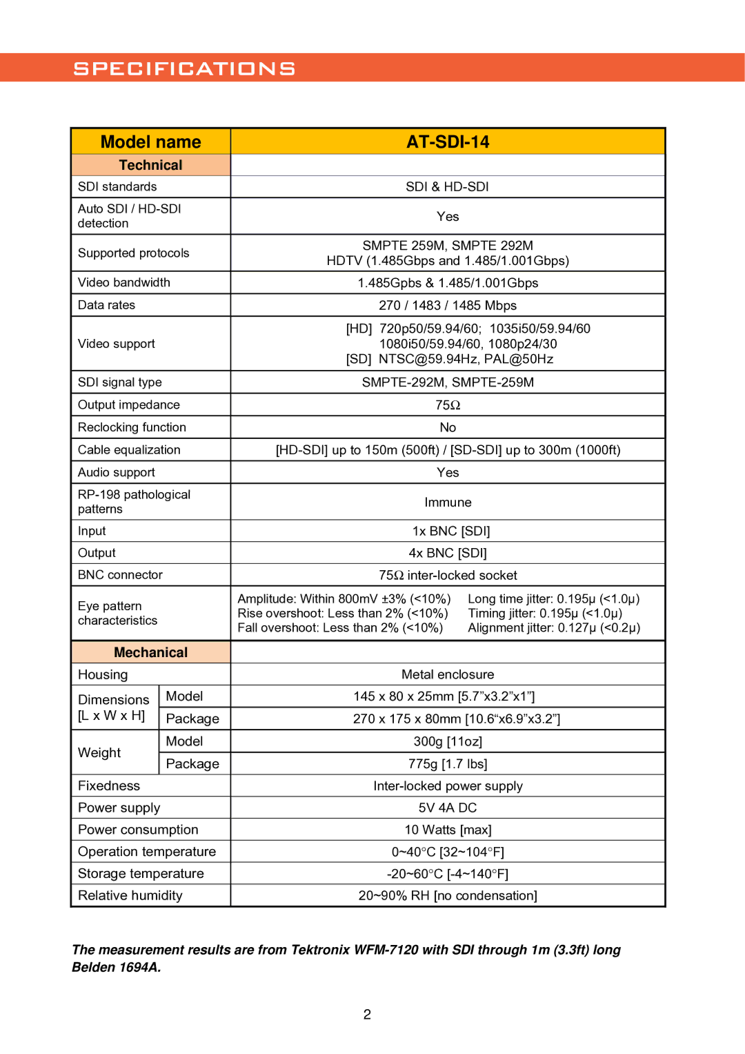 Atlona AT-SDI-14 user manual Specifications 