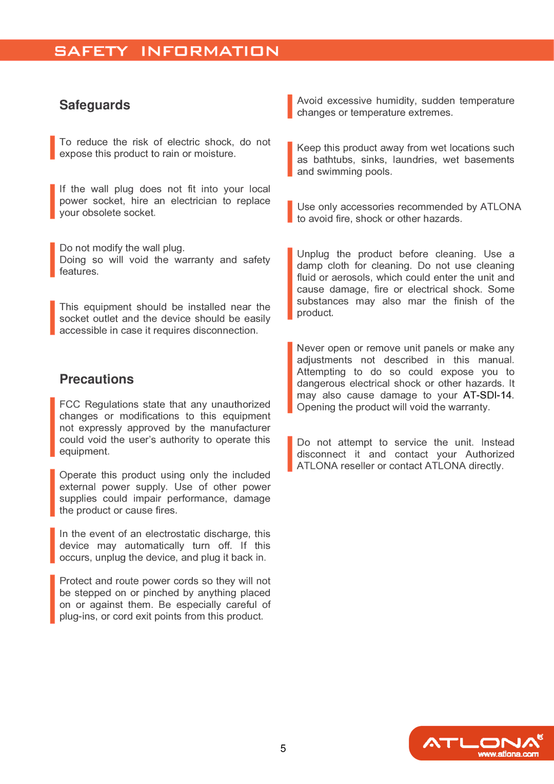 Atlona AT-SDI-14 user manual Safety Information, Safeguards 