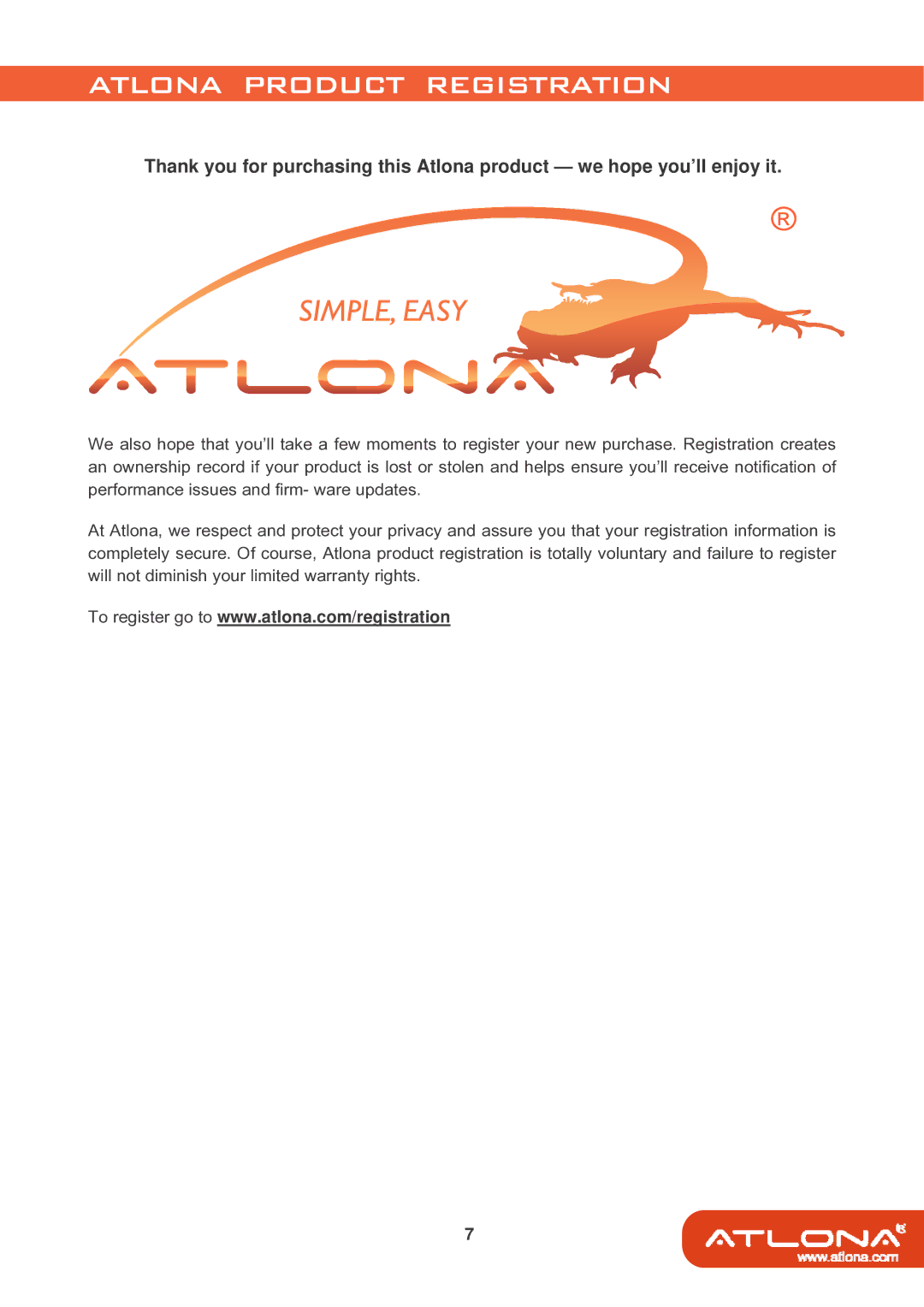 Atlona AT-SDI-14 user manual Atlona Product Registration 