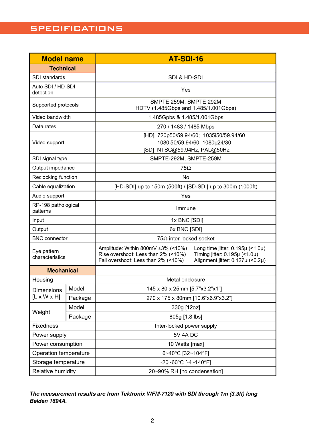 Atlona AT-SDI-16 user manual Specifications 