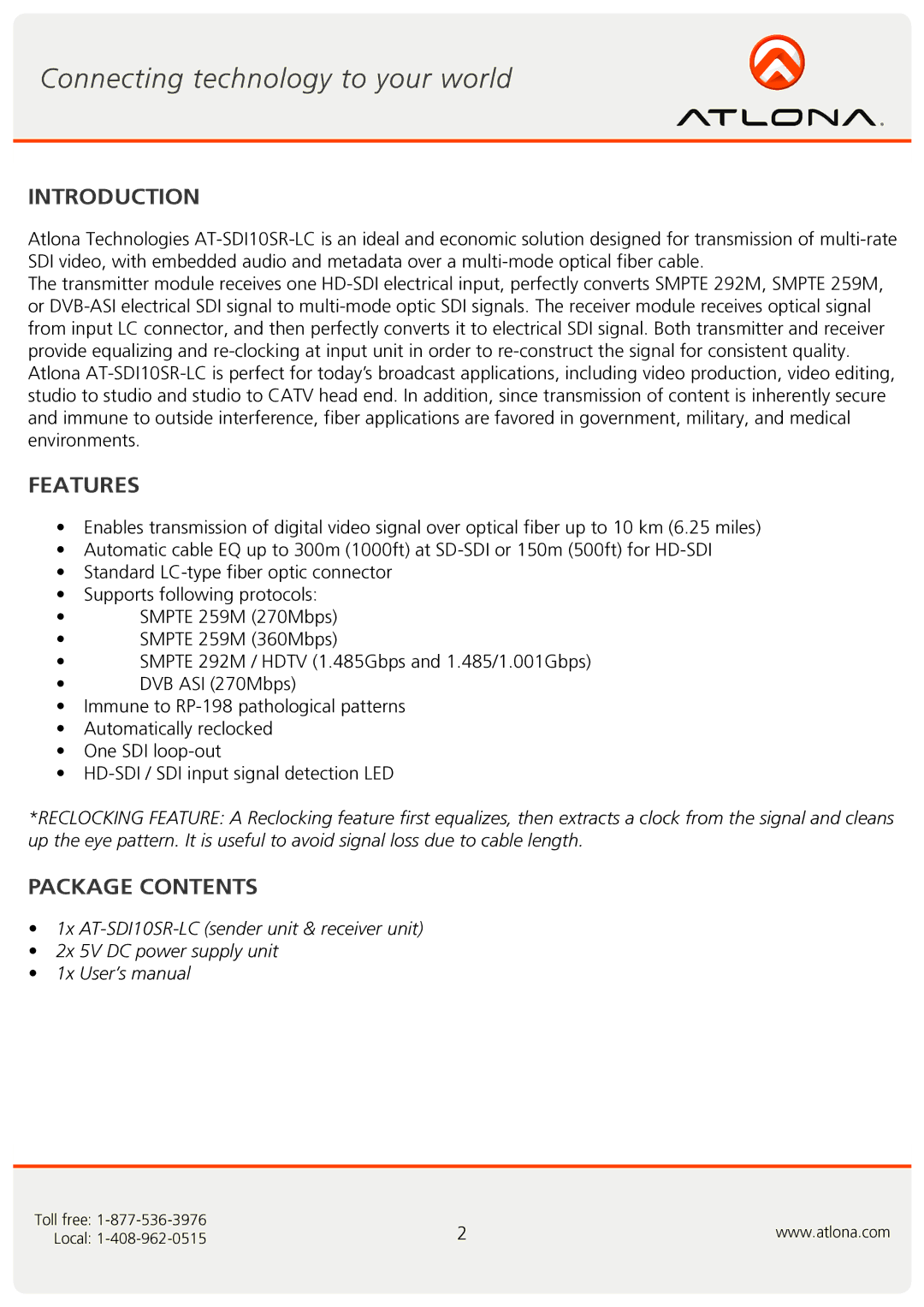 Atlona AT-SDI10SR-LC user manual Introduction, Features, Package Contents 