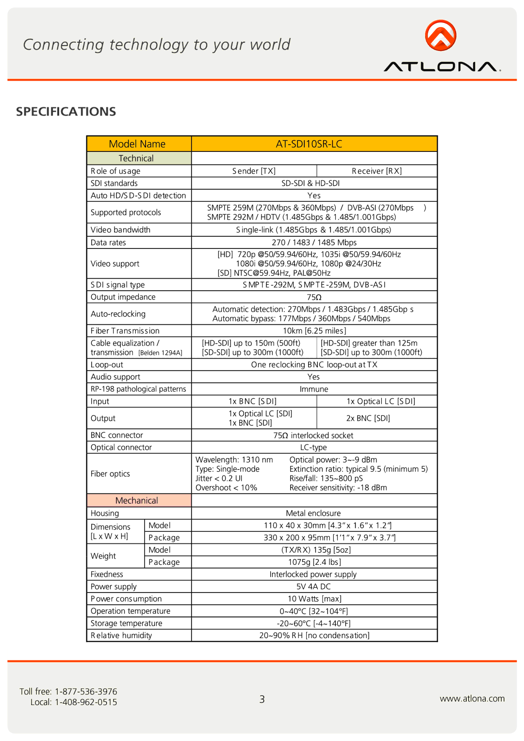 Atlona AT-SDI10SR-LC user manual Specifications 