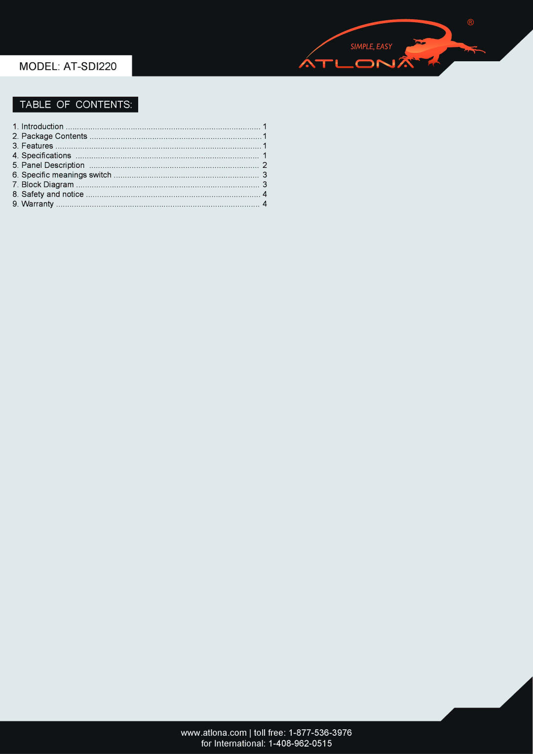 Atlona operation manual Model AT-SDI220, Table of Contents 