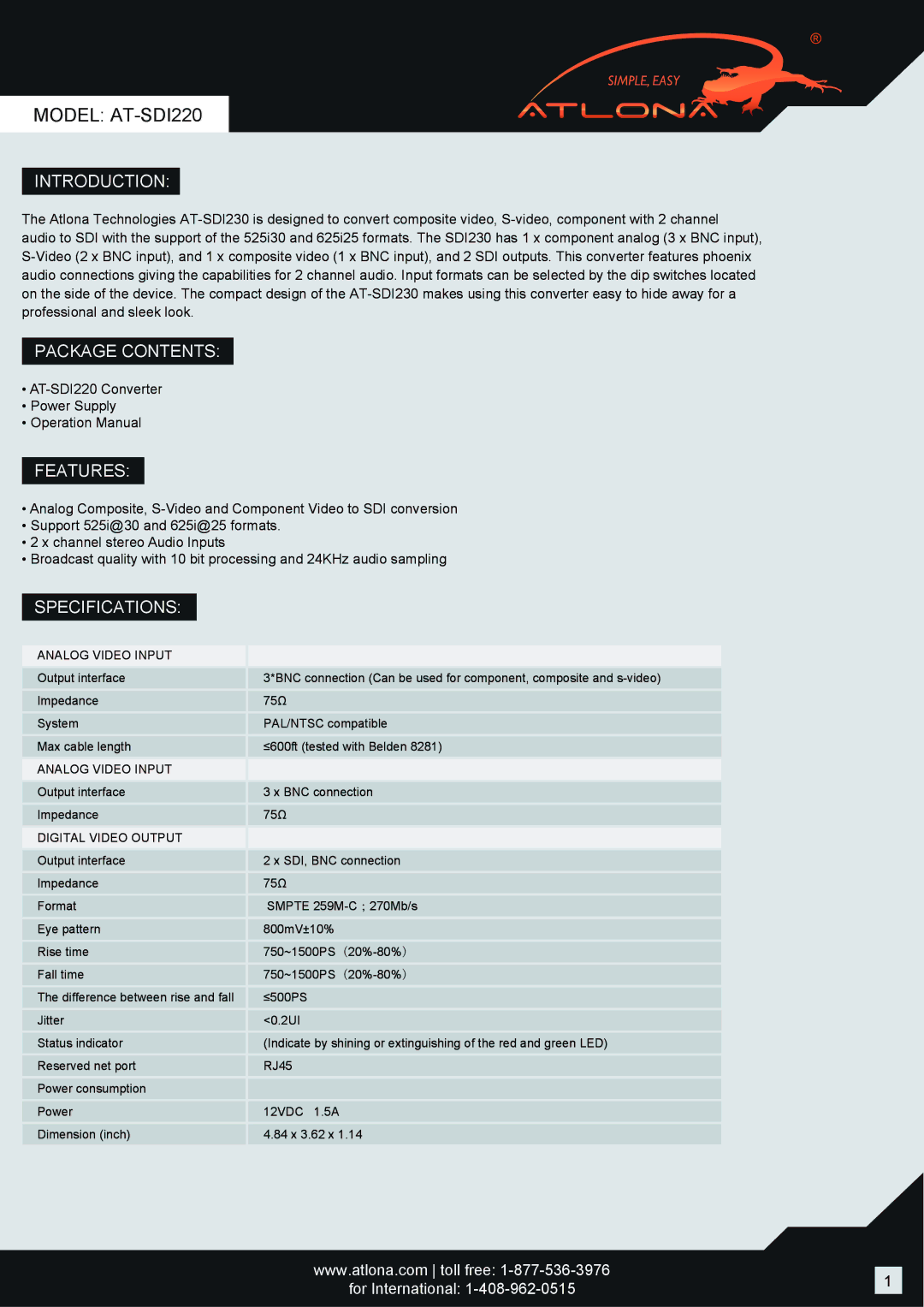 Atlona AT-SDI220 operation manual Introduction, Package Contents, Features, Specifications 