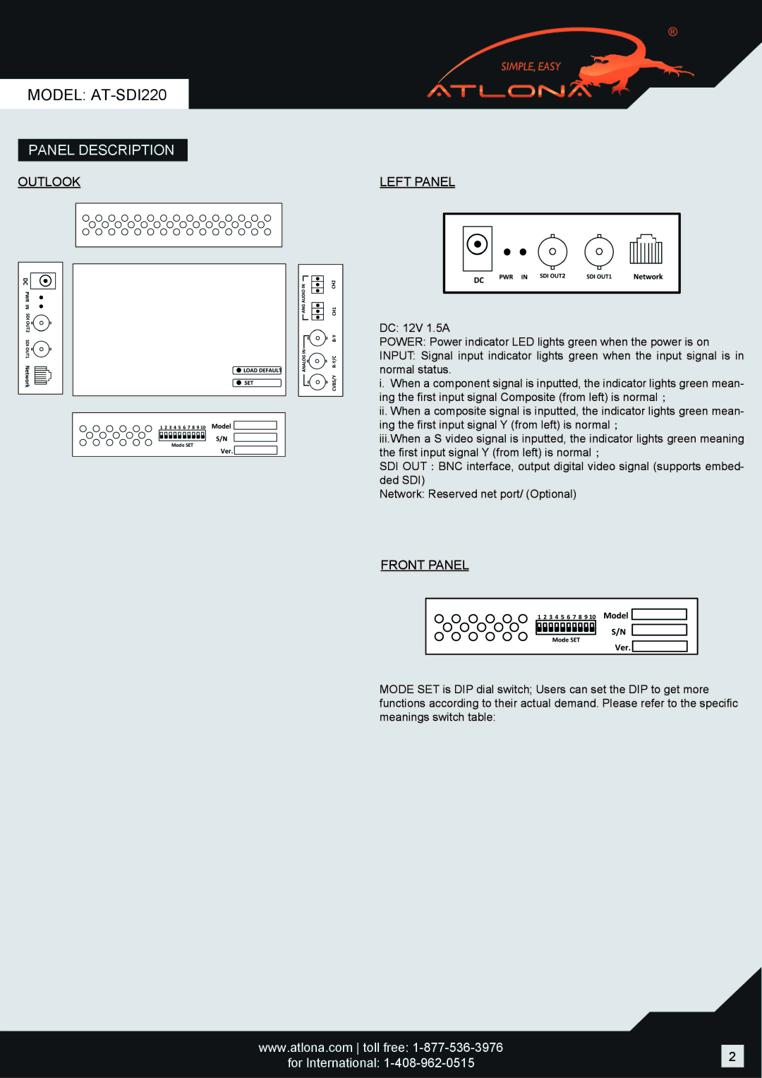 Atlona AT-SDI220 operation manual Panel Description, Outlook Left Panel 