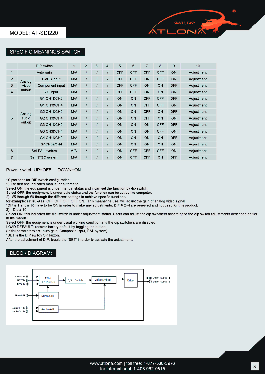 Atlona AT-SDI220 operation manual Specific Meanings Switch, Block Diagram 