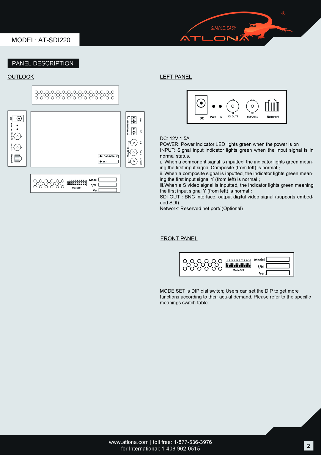 Atlona operation manual Panel Description, Outlook, Left Panel, Front Panel, MODEL AT-SDI220, for International 