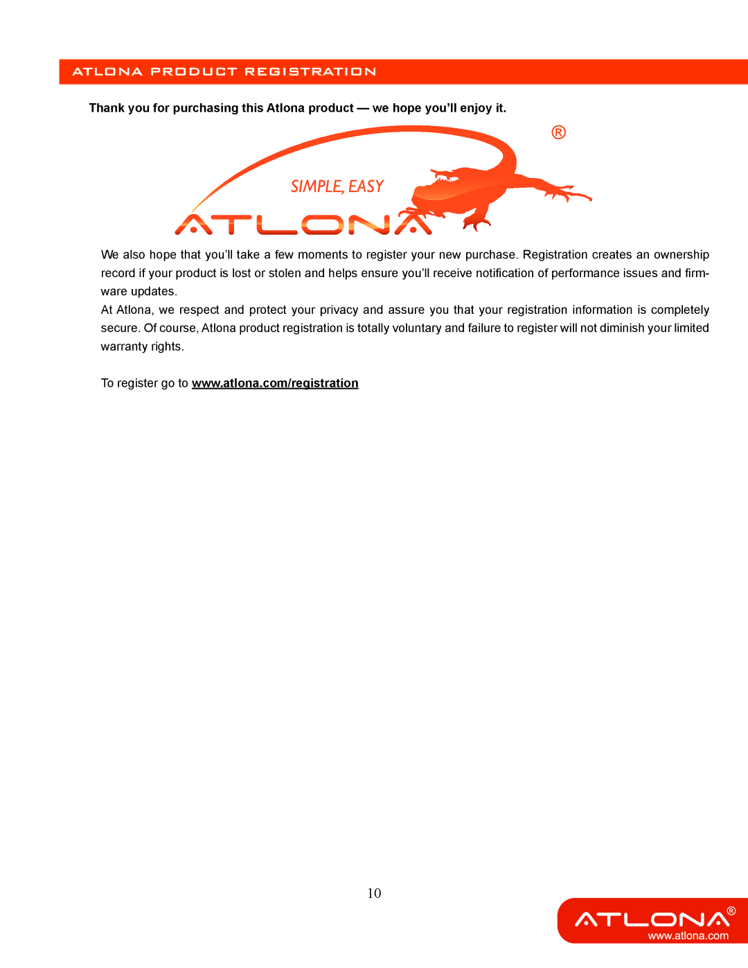 Atlona AT-SDI81 user manual Atlona Product Registration 