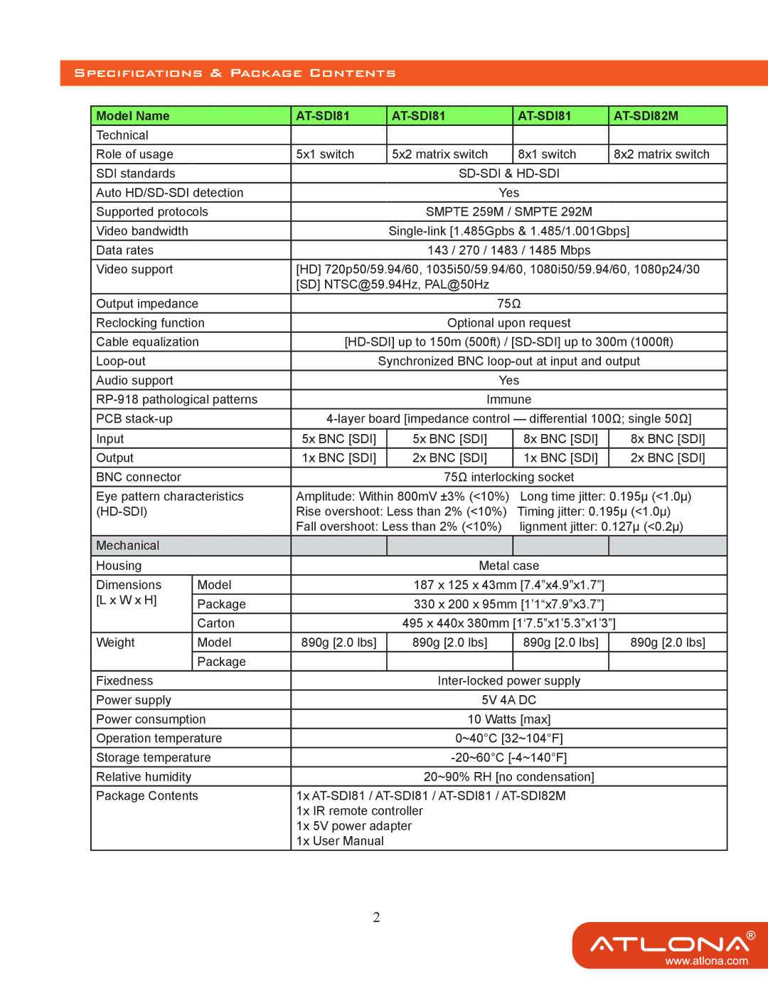 Atlona AT-SDI81 user manual Specifications & Package Contents 