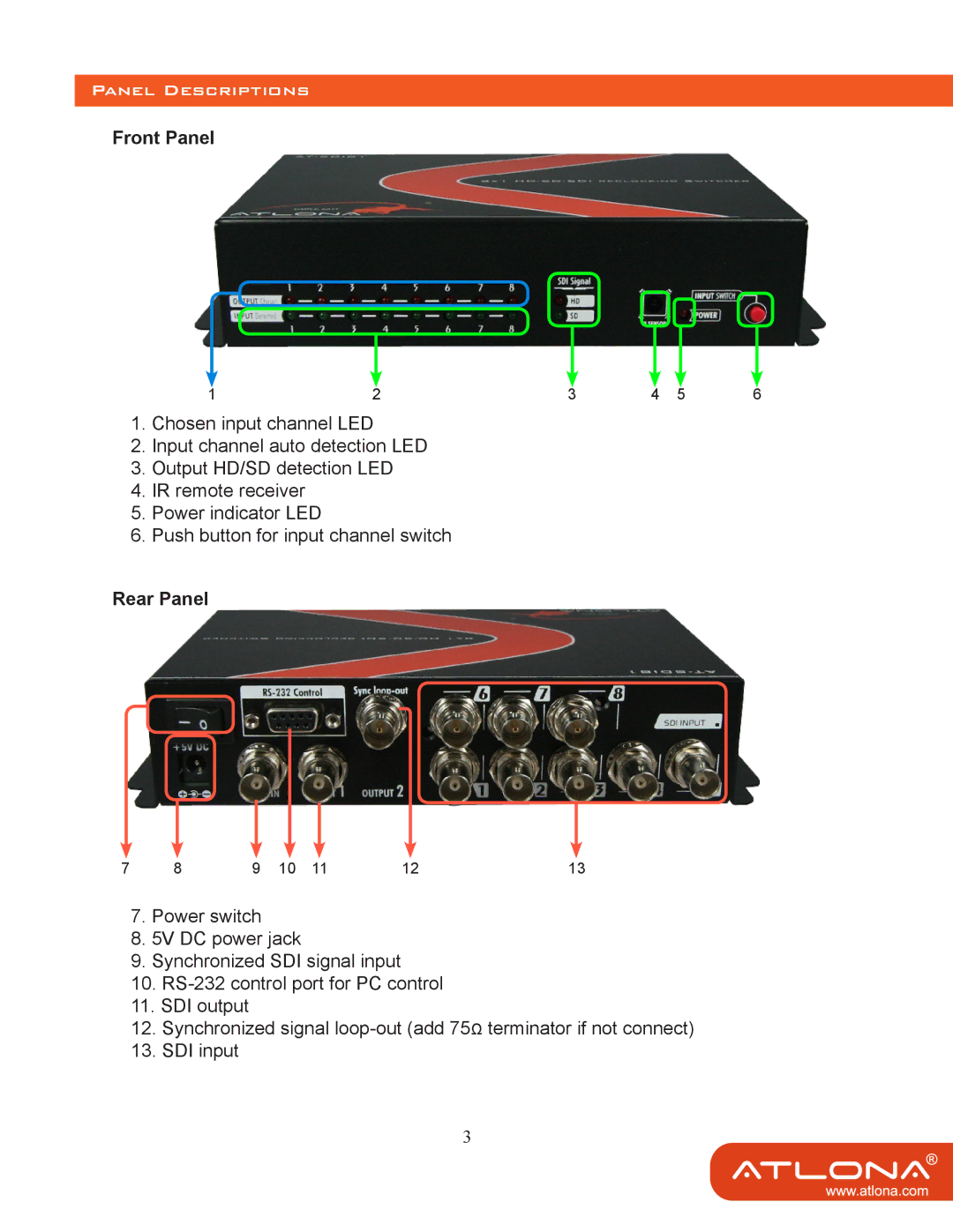 Atlona AT-SDI81 user manual Panel Descriptions, Front Panel 