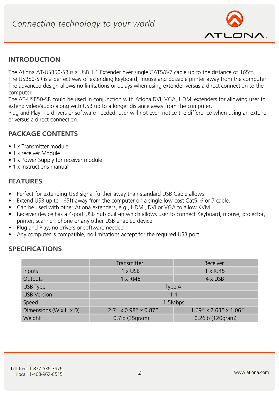 Atlona AT-USB50-SR user manual Introduction, Package Contents, Features, Specifications 