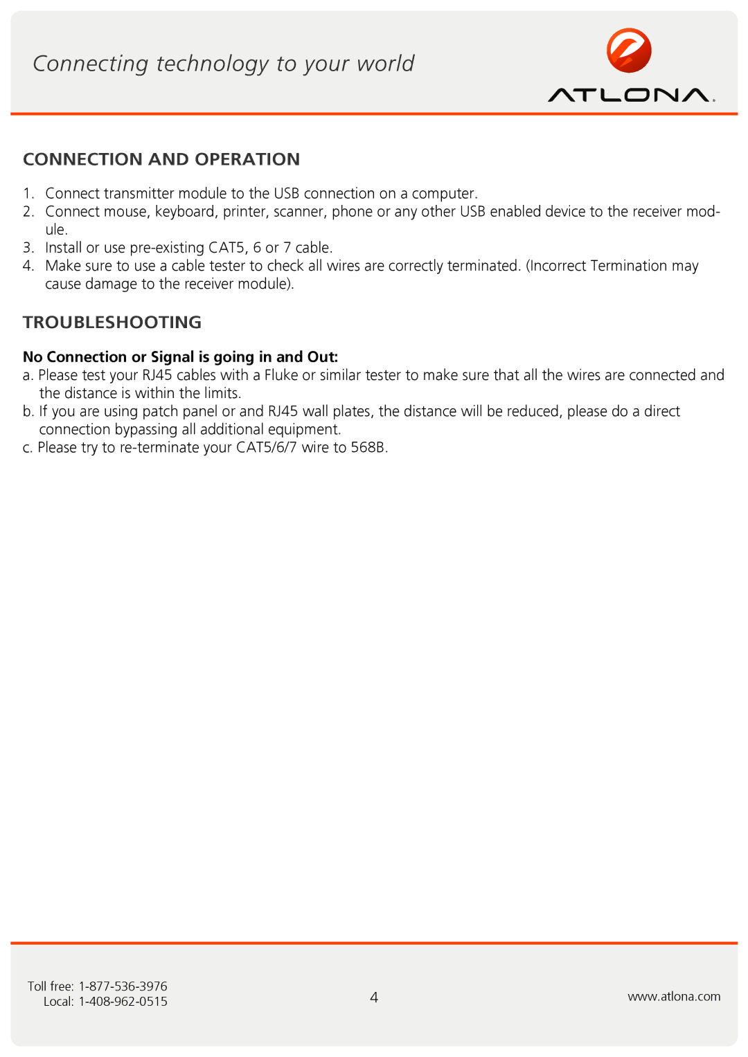 Atlona AT-USB50-SR user manual Connection and Operation, Troubleshooting, No Connection or Signal is going in and Out 