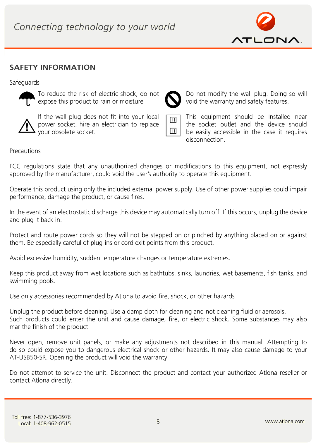 Atlona AT-USB50-SR user manual Safety Information 