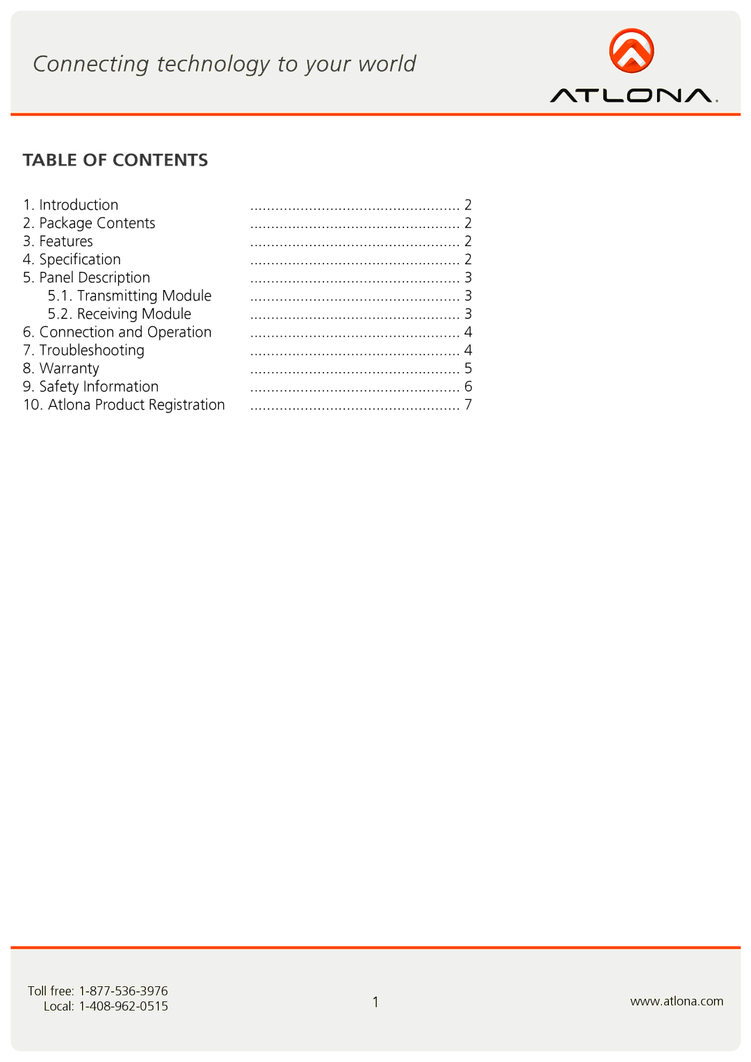 Atlona AT-USB50-SR user manual Table of Contents 