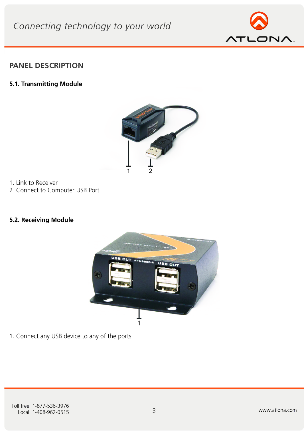 Atlona AT-USB50-SR user manual Panel Description, Transmitting Module, Receiving Module 