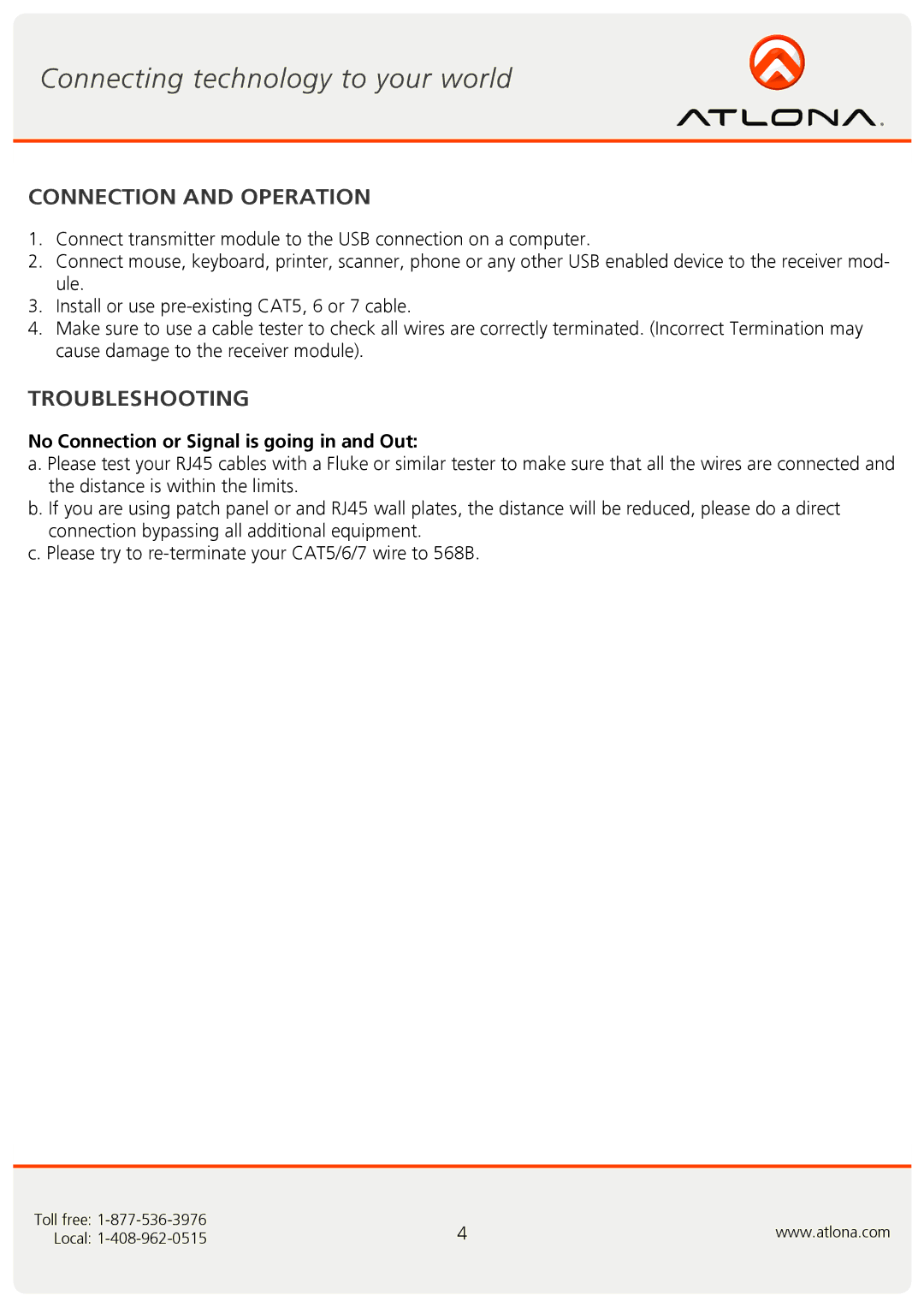 Atlona AT-USB50-SR user manual Connection and Operation, Troubleshooting, No Connection or Signal is going in and Out 