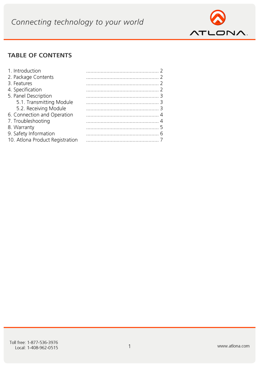 Atlona AT-USB50-SR user manual Table Of Contents 