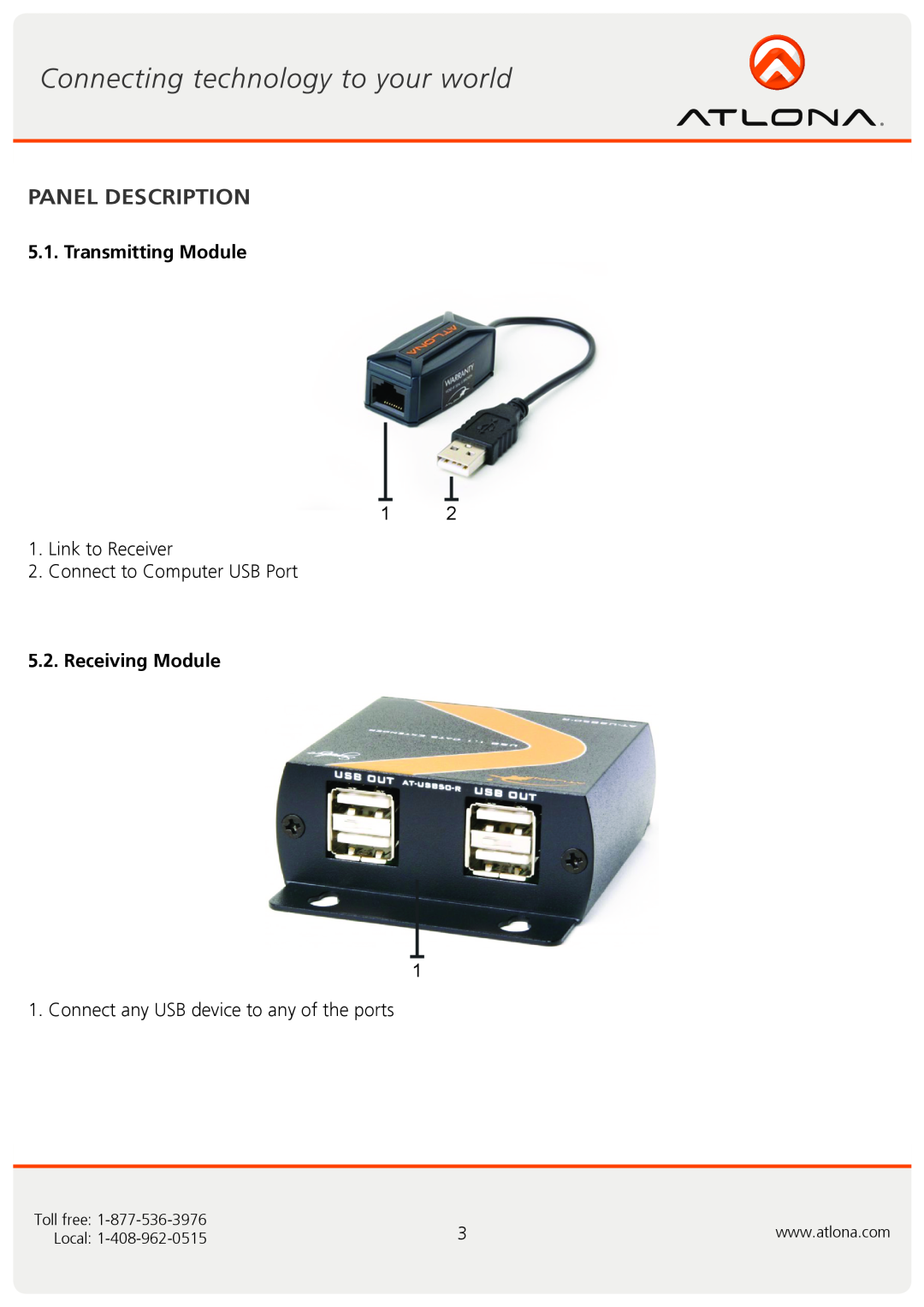 Atlona AT-USB50-SR user manual Panel Description, Transmitting Module, Receiving Module, Toll free, Local 