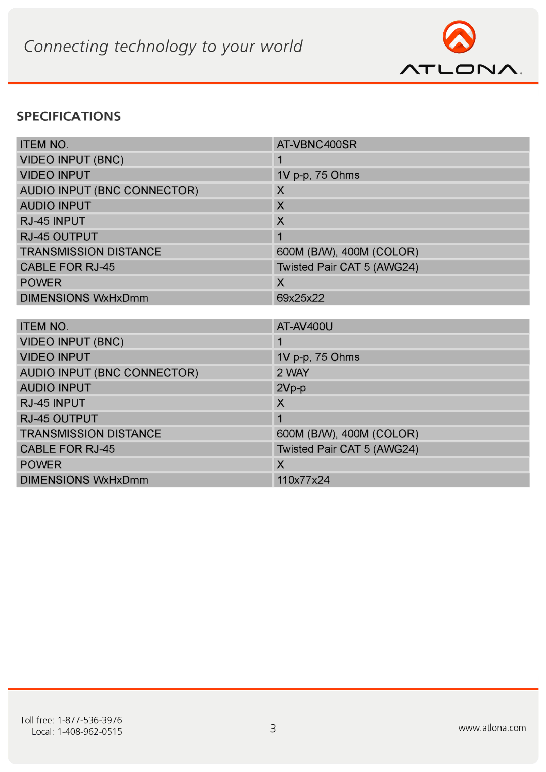 Atlona AT-VBNC400SR user manual Specifications 