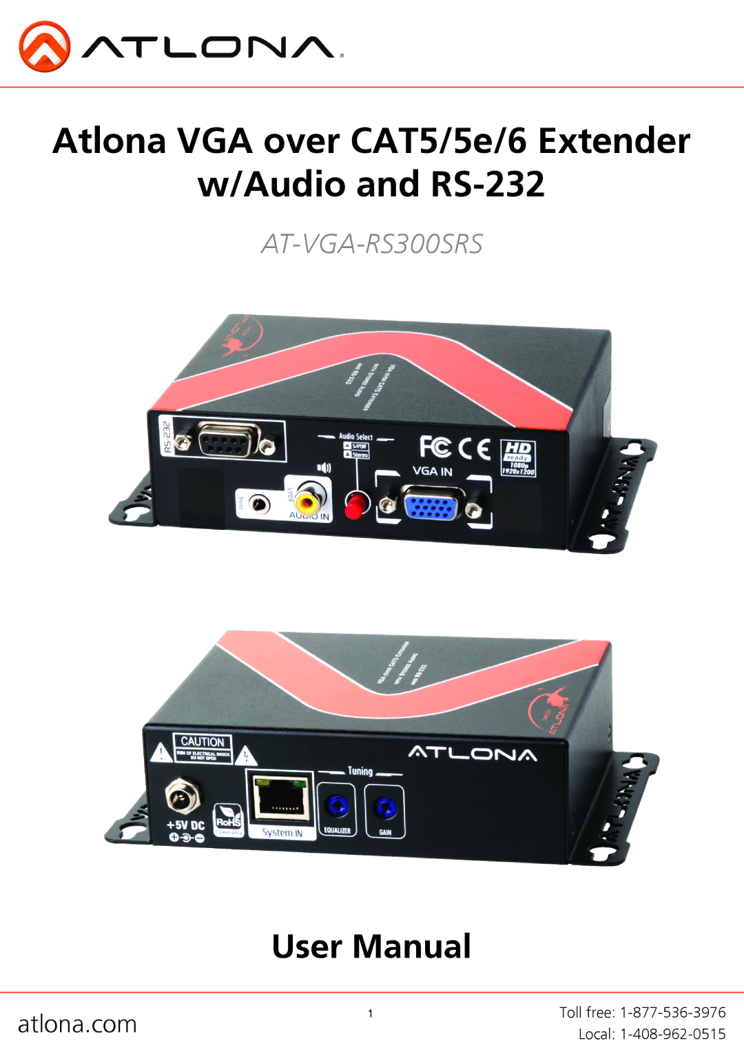 Atlona AT-VGA-RS300SRS user manual Atlona VGA over CAT5/5e/6 Extender Audio and RS-232 