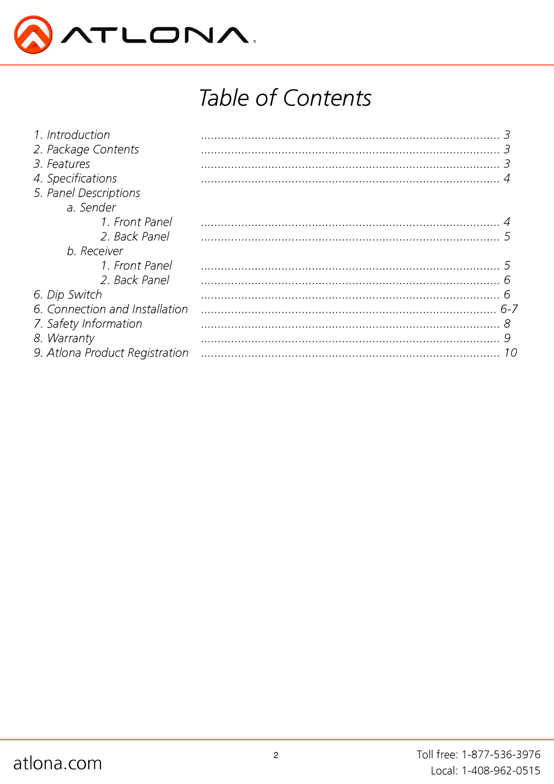 Atlona AT-VGA-RS300SRS user manual Table of Contents 