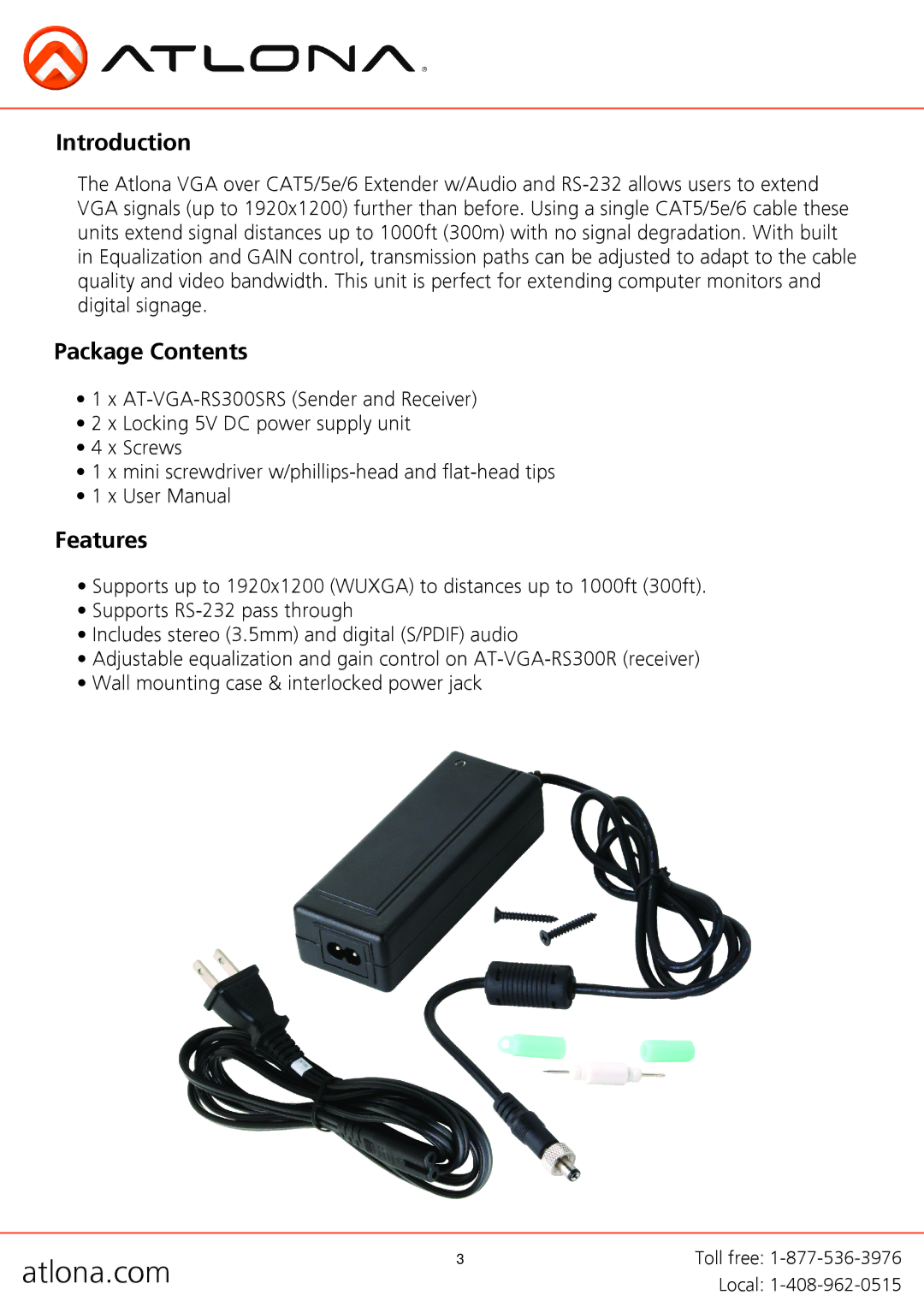 Atlona AT-VGA-RS300SRS user manual Introduction, Package Contents, Features 