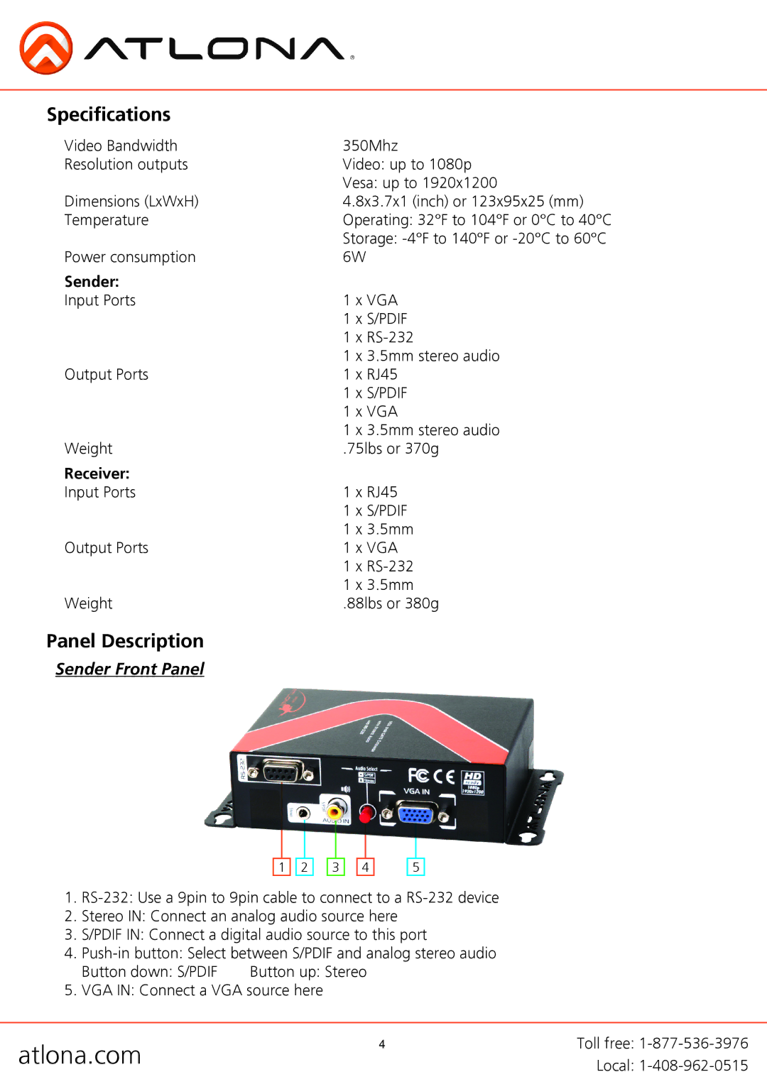 Atlona AT-VGA-RS300SRS user manual Specifications, Panel Description, Sender Front Panel 