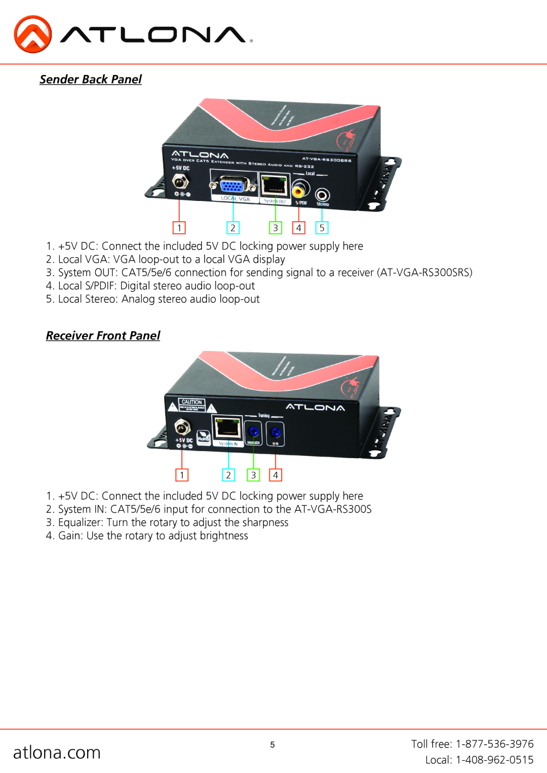 Atlona AT-VGA-RS300SRS user manual Sender Back Panel, Receiver Front Panel 