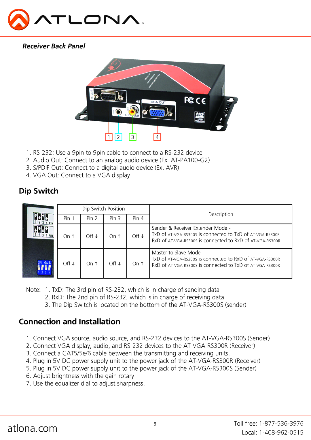 Atlona AT-VGA-RS300SRS user manual Dip Switch, Connection and Installation, Receiver Back Panel 