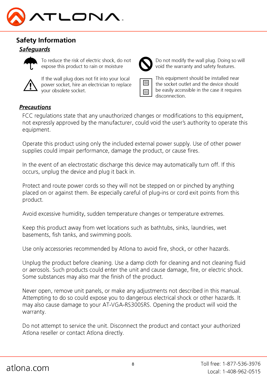 Atlona AT-VGA-RS300SRS user manual Safety Information, Safeguards, Precautions 