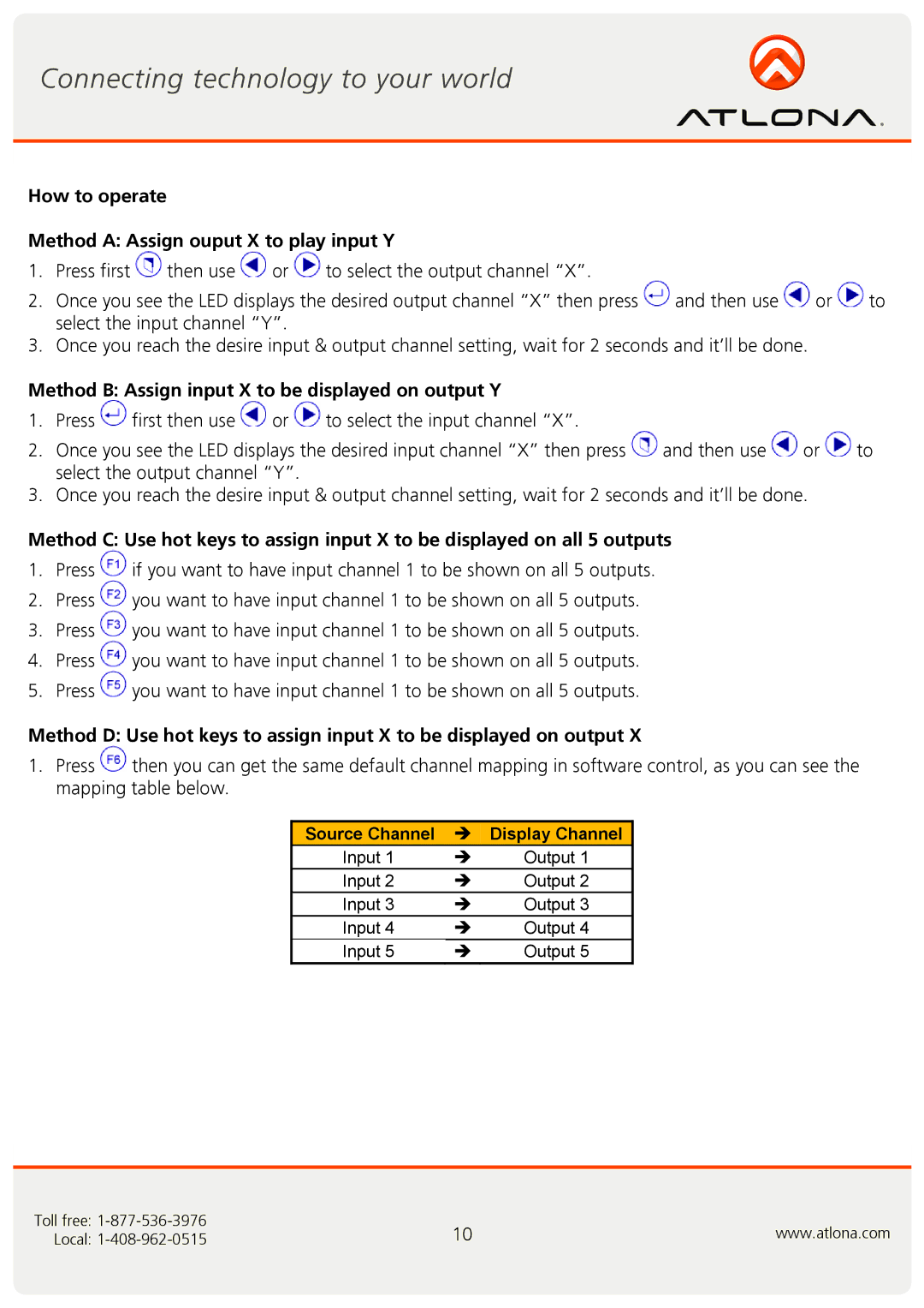 Atlona AT-VGA0505 user manual How to operate Method a Assign ouput X to play input Y 